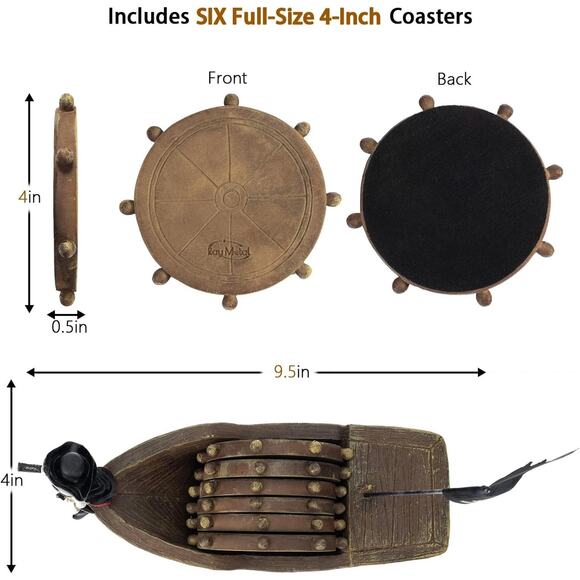 Pirate Ship Coasters Set of 6, Full Size Rustic Coaster in Handmade Canoe, Cute - Picture 3 of 7